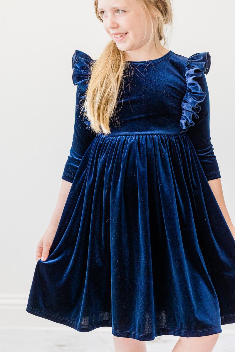 Mila & Rose:  Navy Velvet Ruffle Twirl Dress