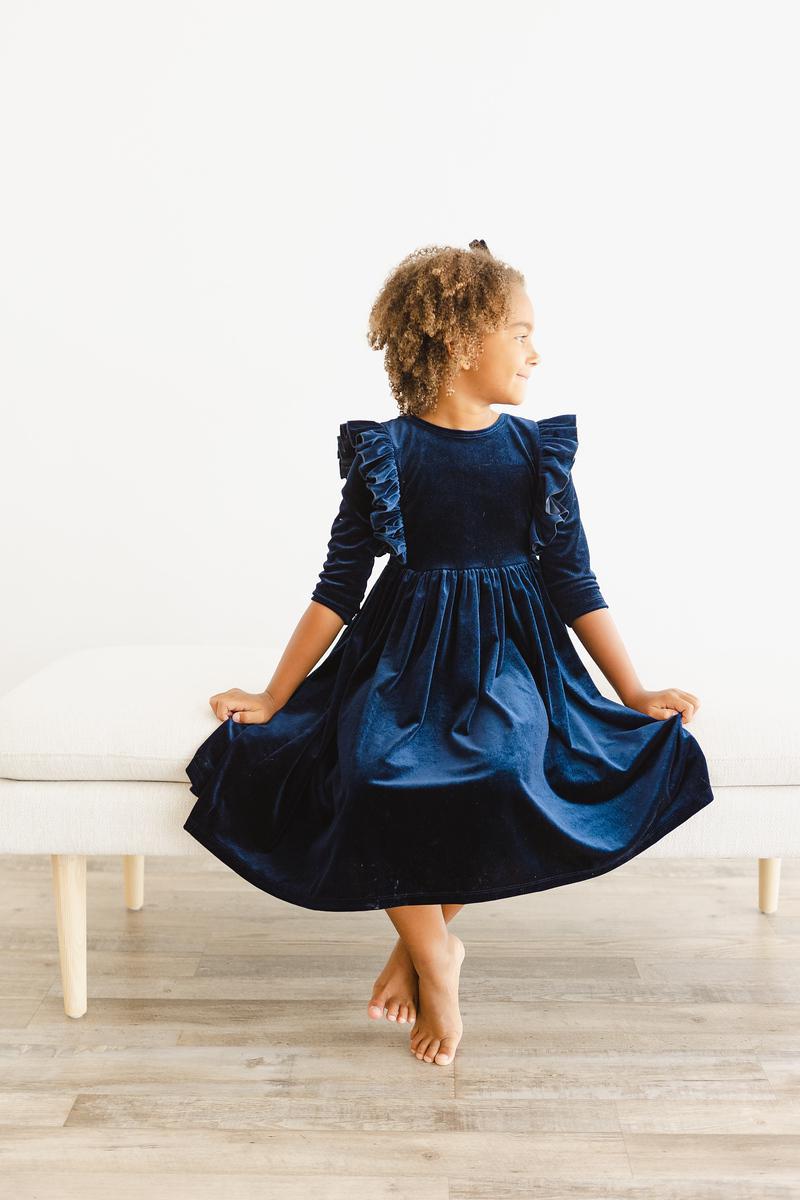 Mila & Rose:  Navy Velvet Ruffle Twirl Dress