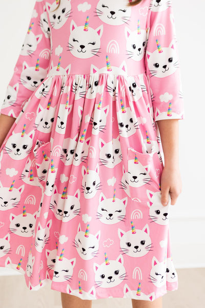 Mila & Rose:  Unicorn Kitties 3/4 Sleeve Pocket Twirl Dress