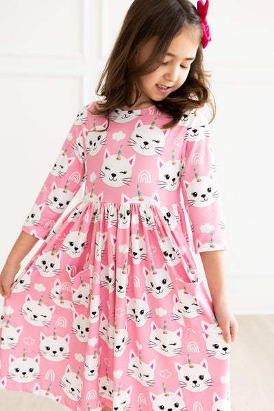 Mila & Rose:  Unicorn Kitties 3/4 Sleeve Pocket Twirl Dress