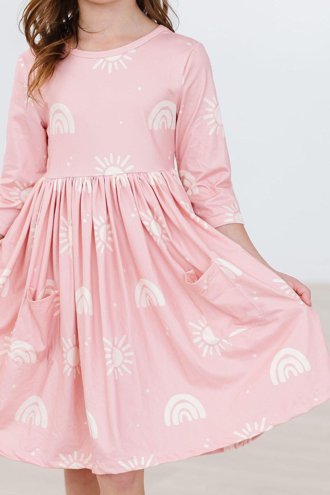 Mila & Rose:  Soft Pink Suns 3/4 Sleeve Pocket Twirl Dress