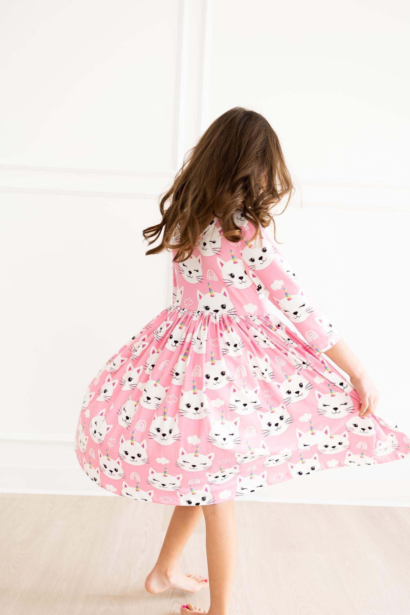 Mila & Rose:  Unicorn Kitties 3/4 Sleeve Pocket Twirl Dress