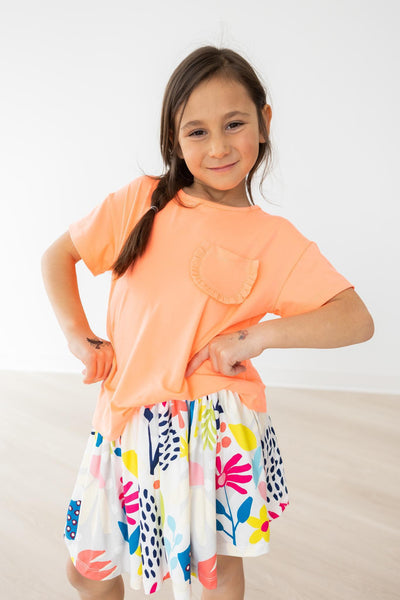 Mila & Rose:  Neon Coral Ruffle Pocket Tee