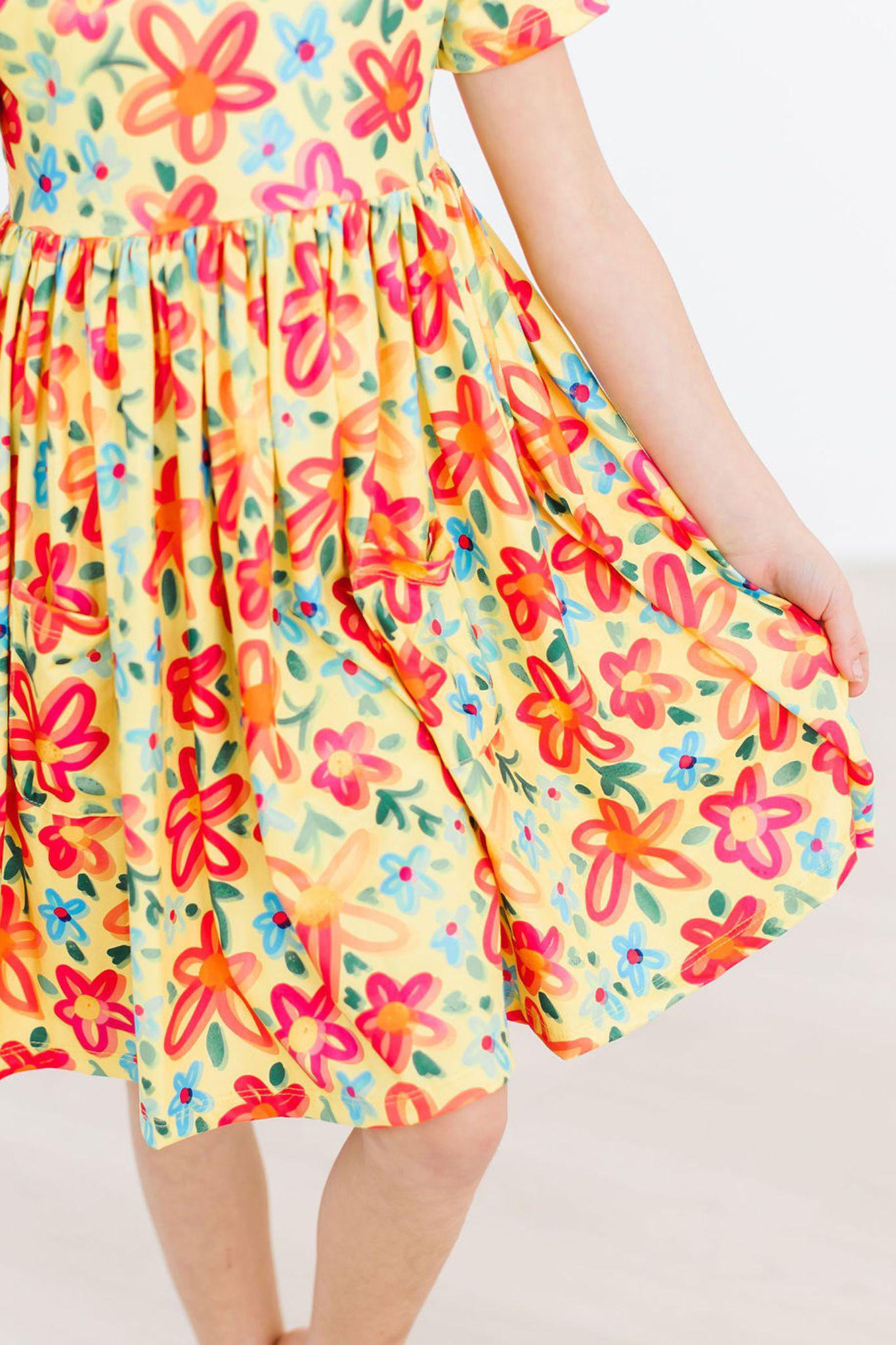 Mila & Rose:  Yellow Neon Floral S/S Pocket Twirl Dress