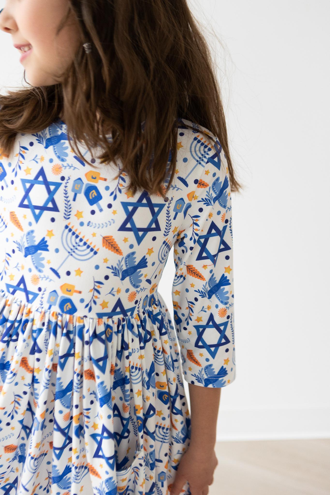 Mila & Rose:  Happy Hanukkah 3/4 Sleeve Pocket Twirl Dress