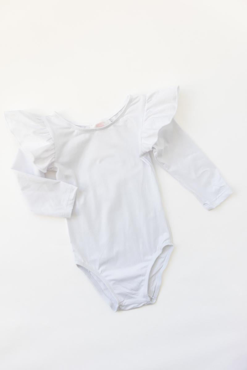 Mila & Rose:  White L/S Flutter Sleeve Leotard