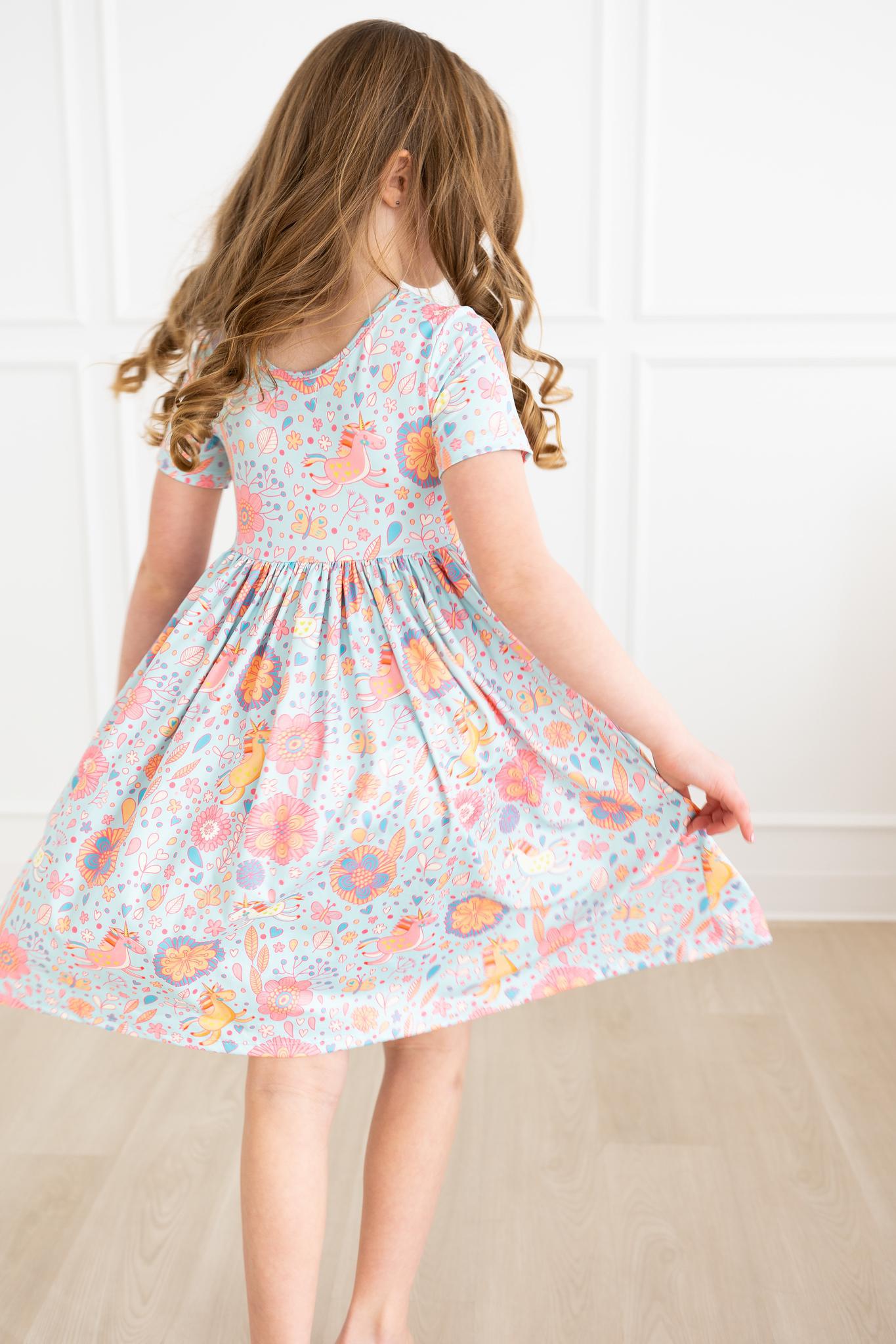 Mila & Rose:  Blue Retro Unicorns S/S Pocket Twirl Dress