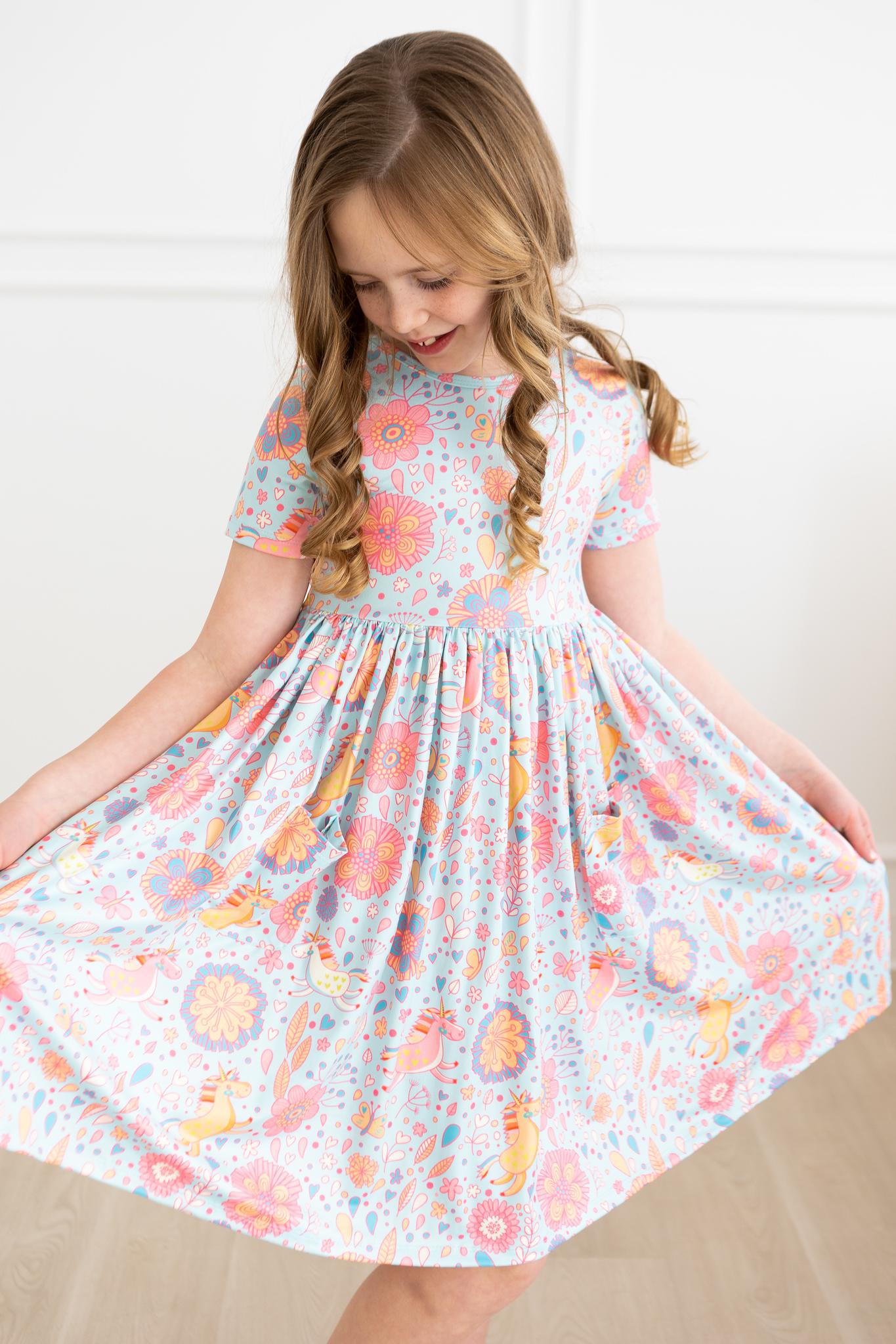 Mila & Rose:  Blue Retro Unicorns S/S Pocket Twirl Dress