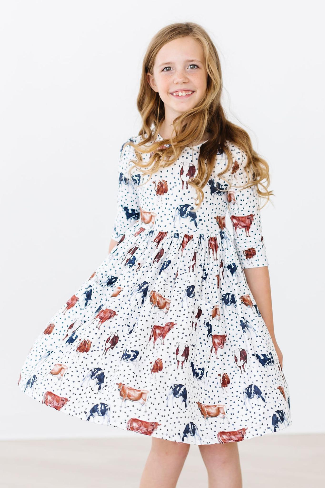 Mila & Rose:  Moo Meadows 3/4 Sleeve Pocket Twirl Dress