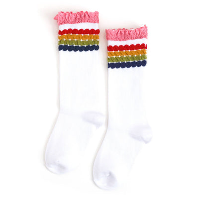 Little Stocking Co. Lace Top Knee High Socks: Rainbow Bubble Stripe