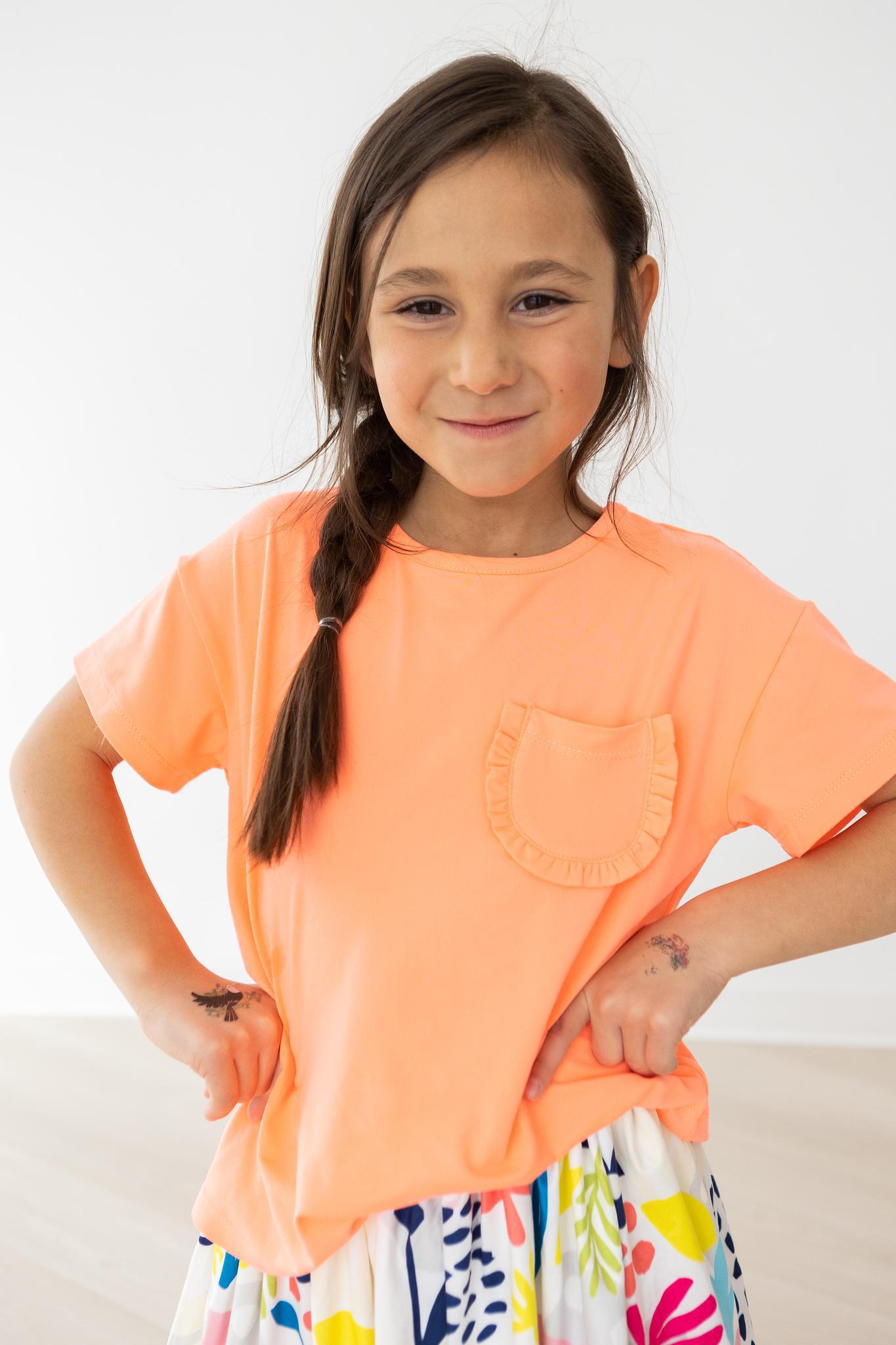 Mila & Rose:  Neon Coral Ruffle Pocket Tee