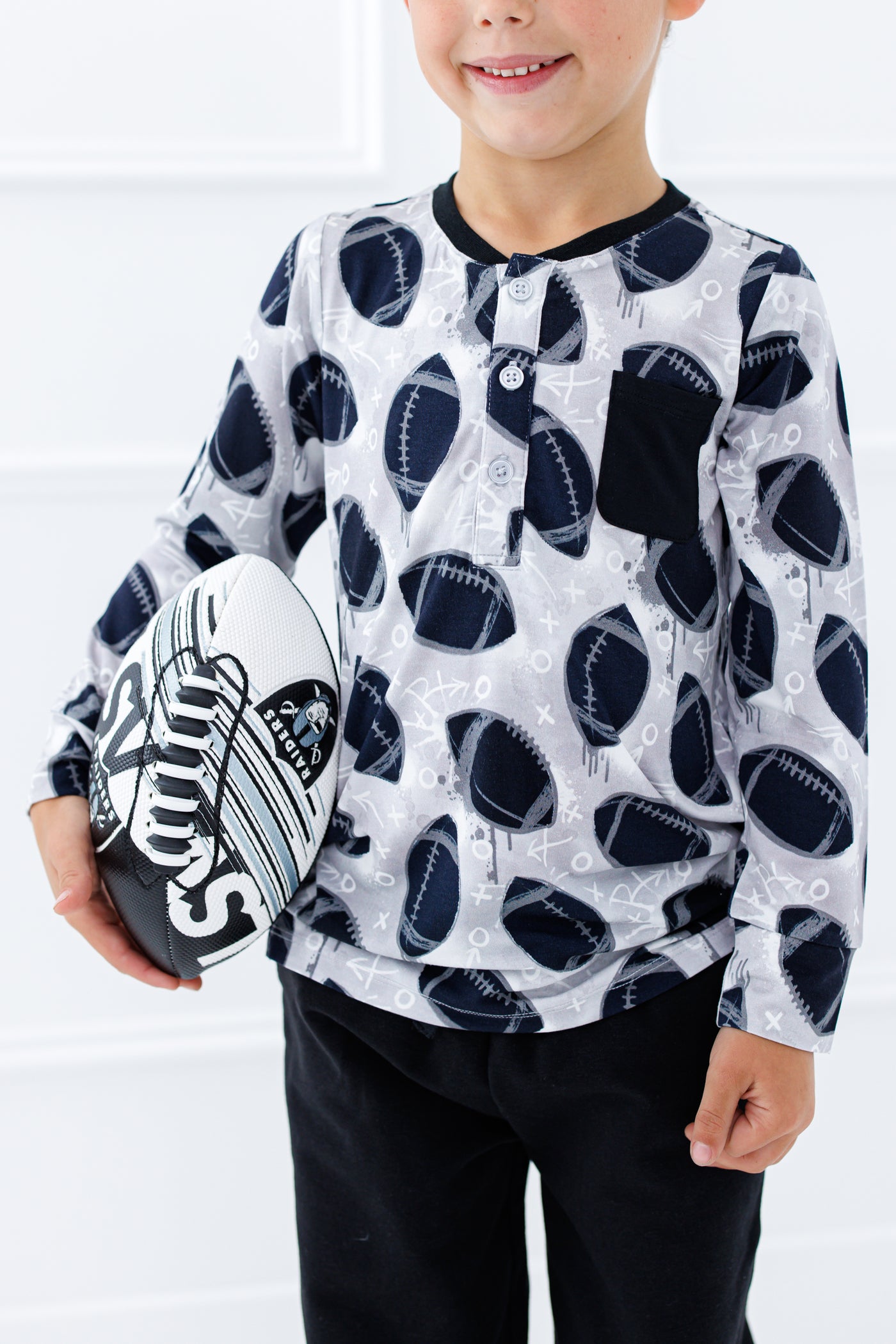 Birdie Bean Long Sleeve Henley T-Shirt: Graffiti Football Silver and Black