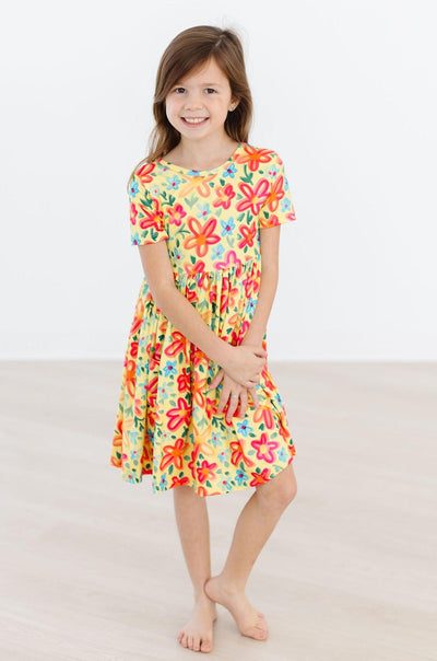 Mila & Rose:  Yellow Neon Floral S/S Pocket Twirl Dress