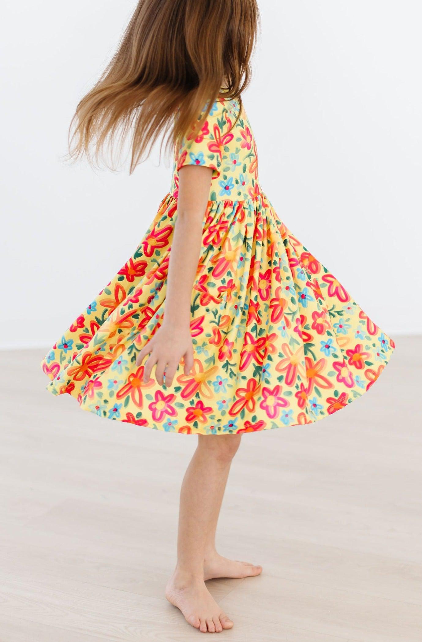 Mila & Rose:  Yellow Neon Floral S/S Pocket Twirl Dress