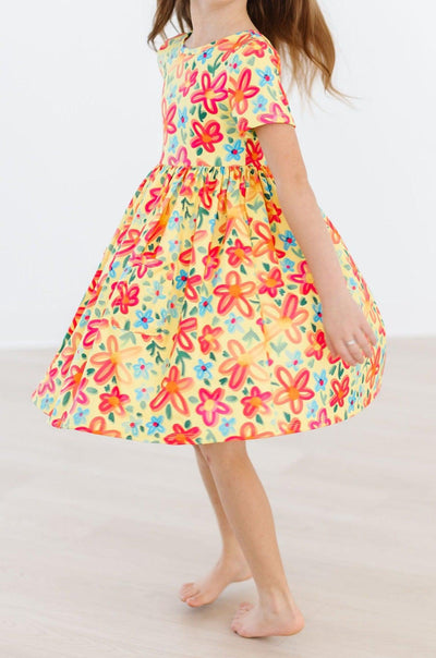 Mila & Rose:  Yellow Neon Floral S/S Pocket Twirl Dress