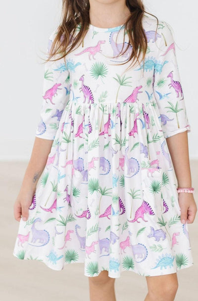 Mila & Rose:  Dino Darling 3/4 Sleeve Pocket Twirl Dress