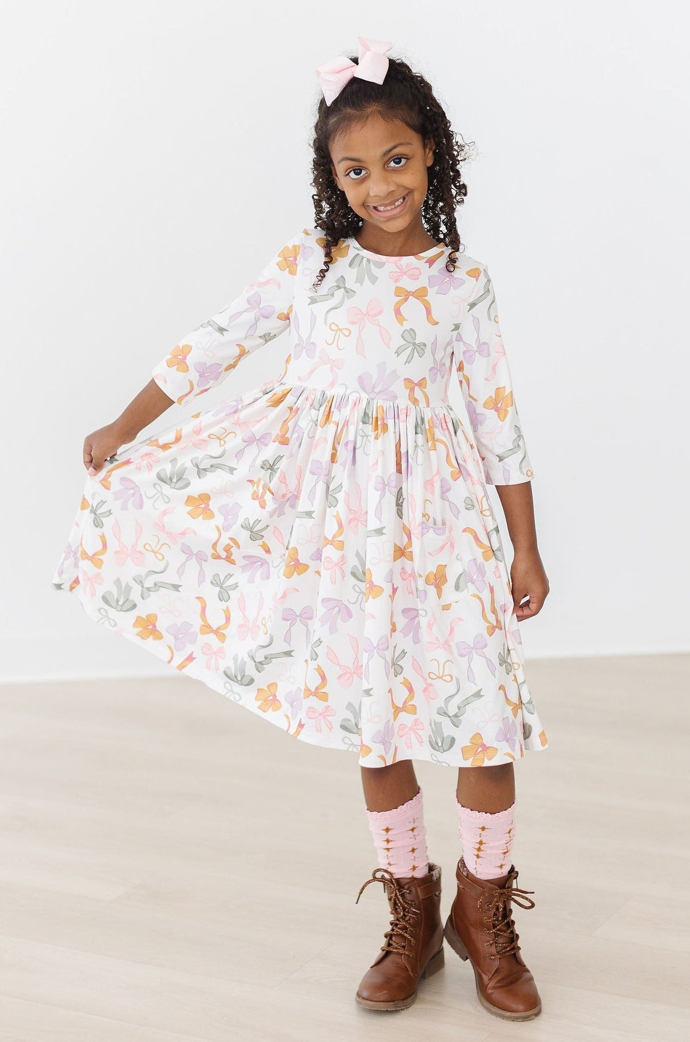 Mila & Rose:  Boho Bows 3/4 Sleeve Pocket Twirl Dress