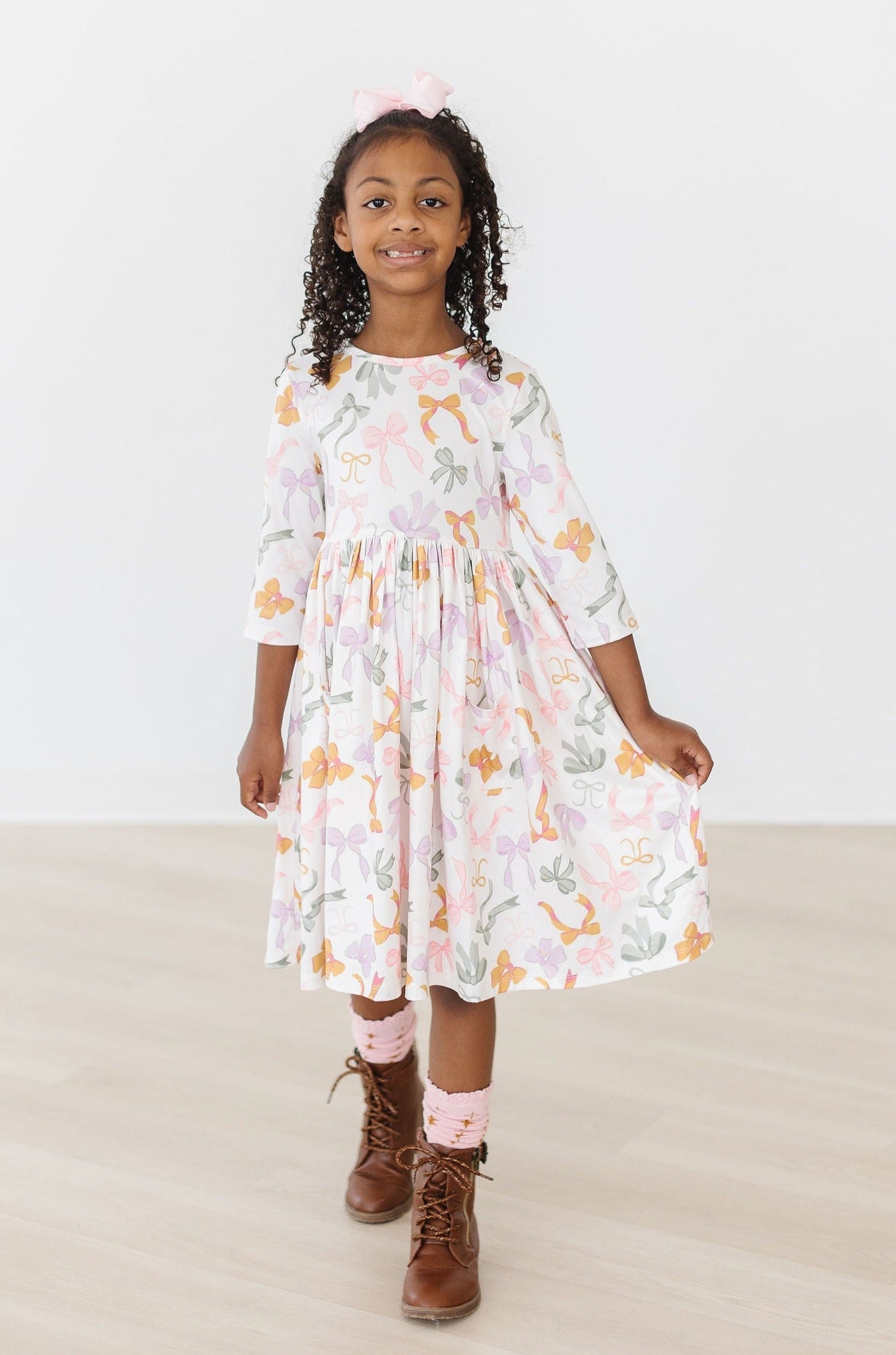 Mila & Rose:  Boho Bows 3/4 Sleeve Pocket Twirl Dress