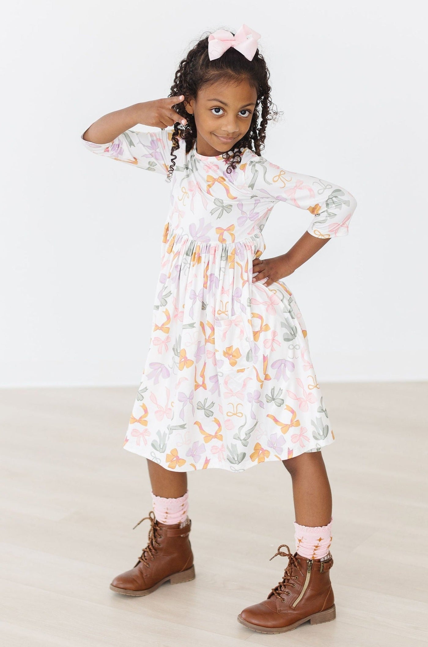 Mila & Rose:  Boho Bows 3/4 Sleeve Pocket Twirl Dress