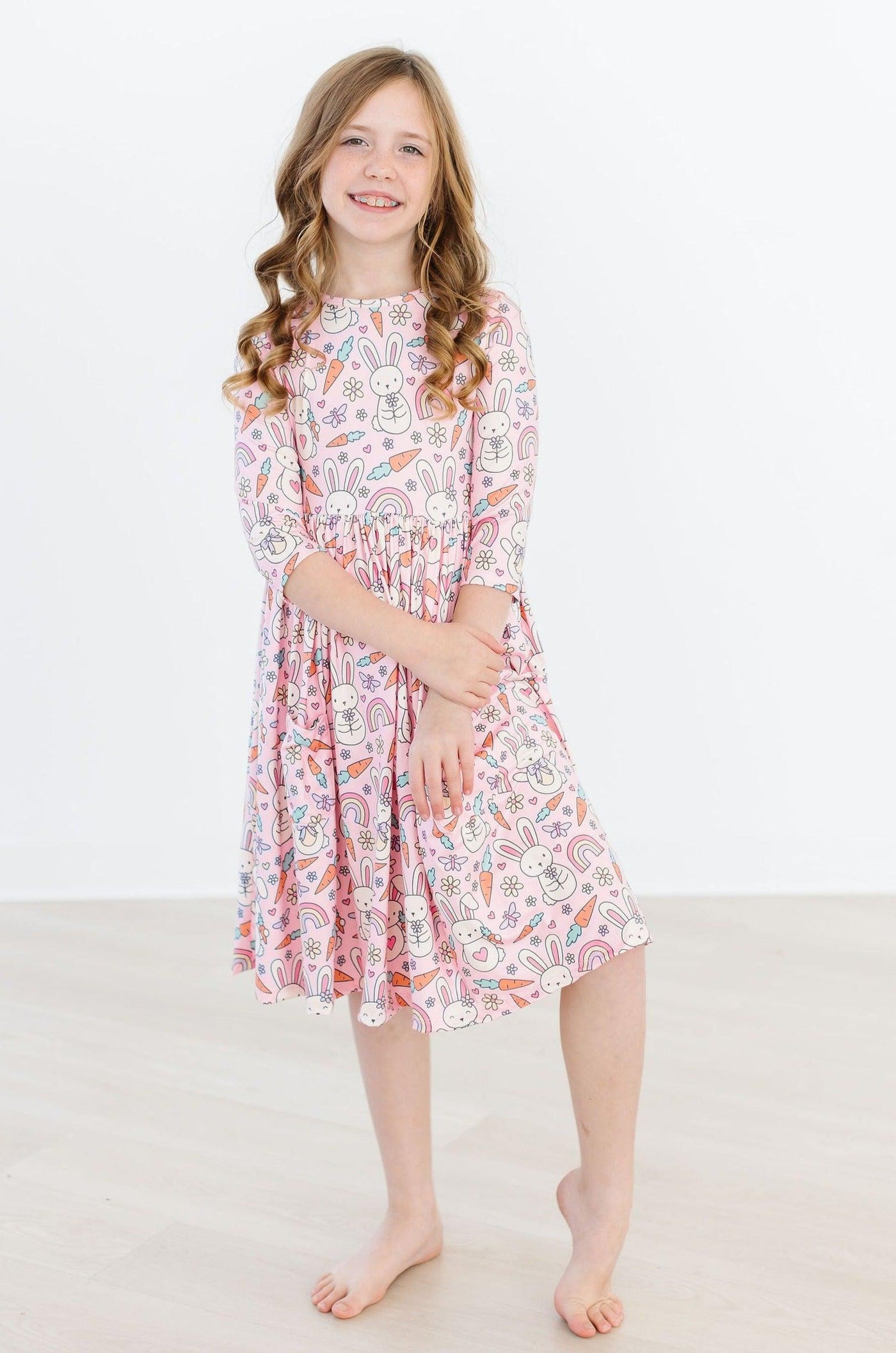 Mila & Rose:  Springtime Bunnies 3/4 Sleeve Pocket Twirl Dress