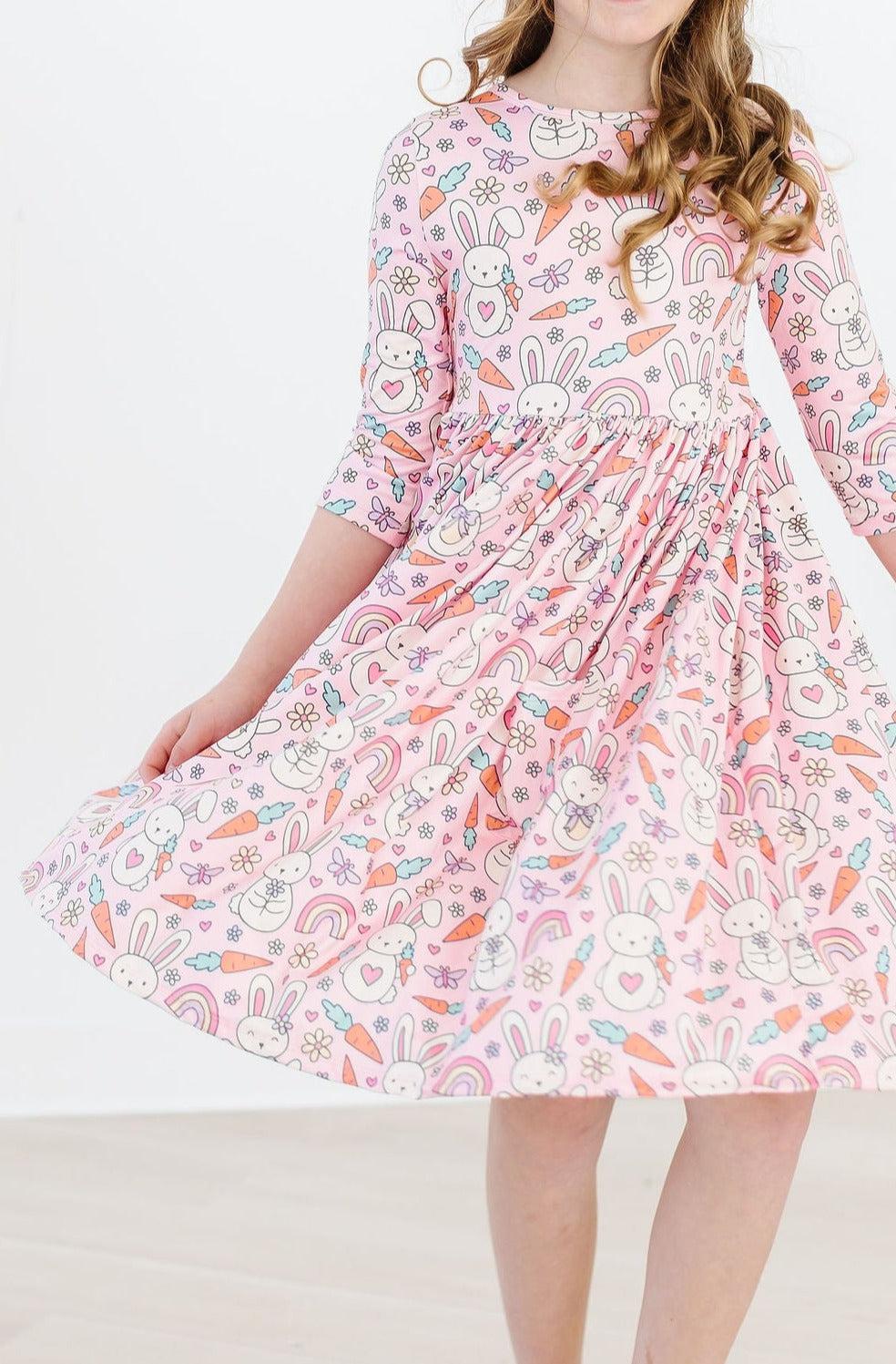 Mila & Rose:  Springtime Bunnies 3/4 Sleeve Pocket Twirl Dress