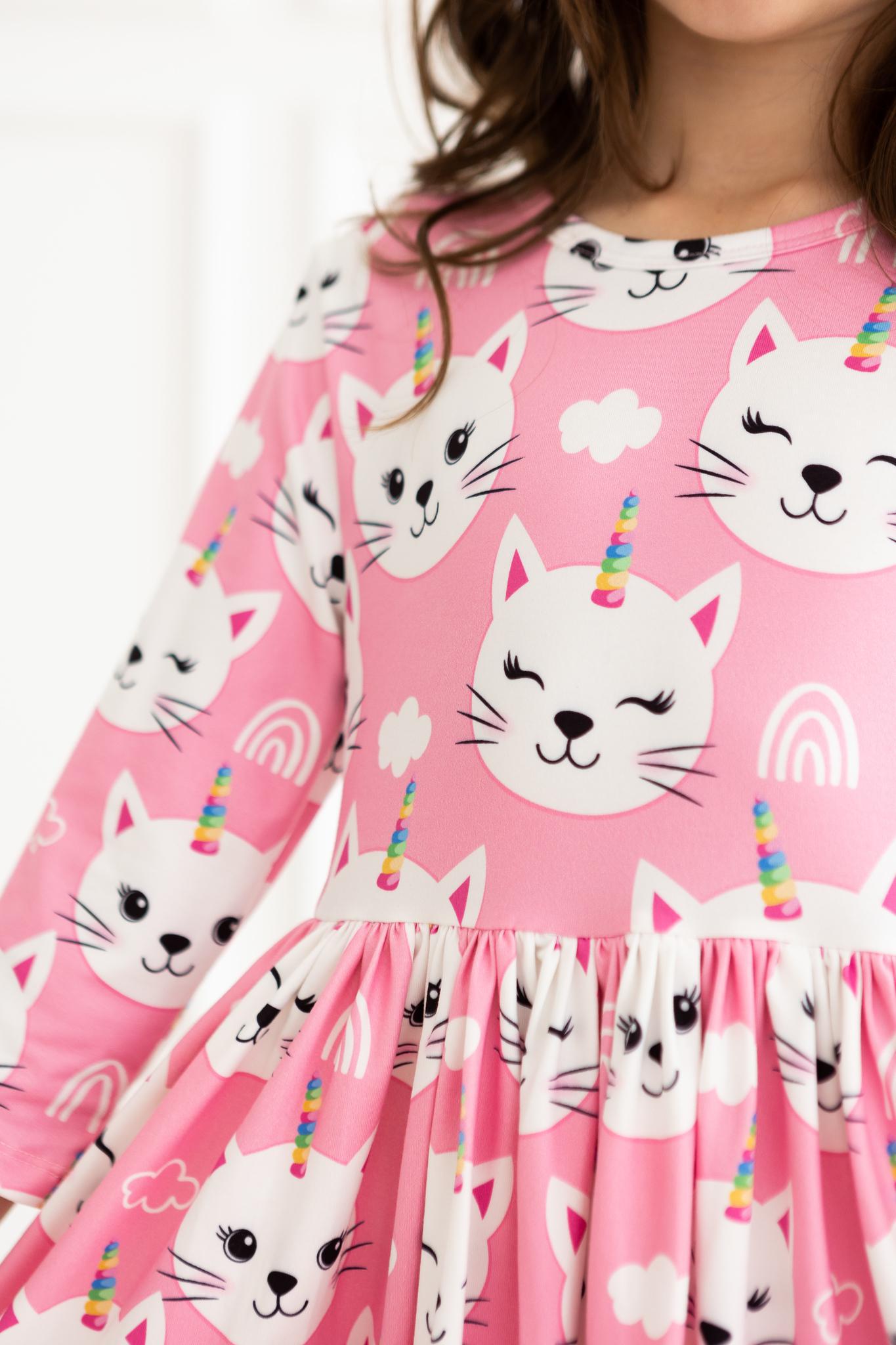 Mila & Rose:  Unicorn Kitties 3/4 Sleeve Pocket Twirl Dress