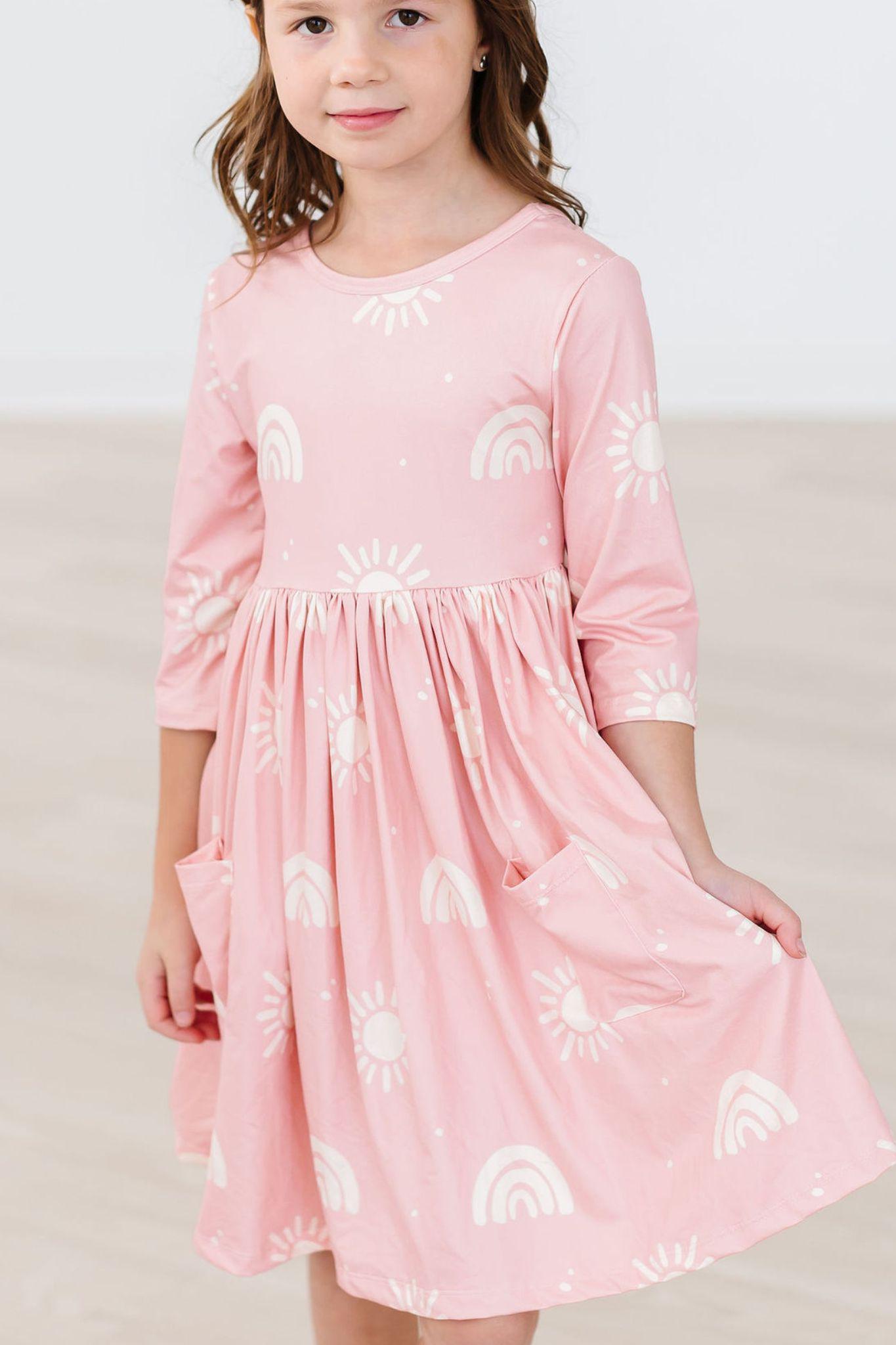 Mila & Rose:  Soft Pink Suns 3/4 Sleeve Pocket Twirl Dress