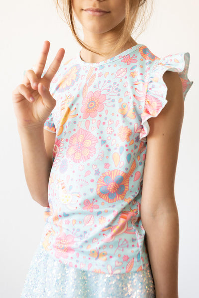 Mila & Rose:  Blue Retro Unicorns S/S Ruffle Tee