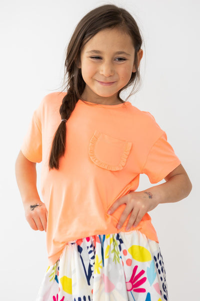 Mila & Rose:  Neon Coral Ruffle Pocket Tee