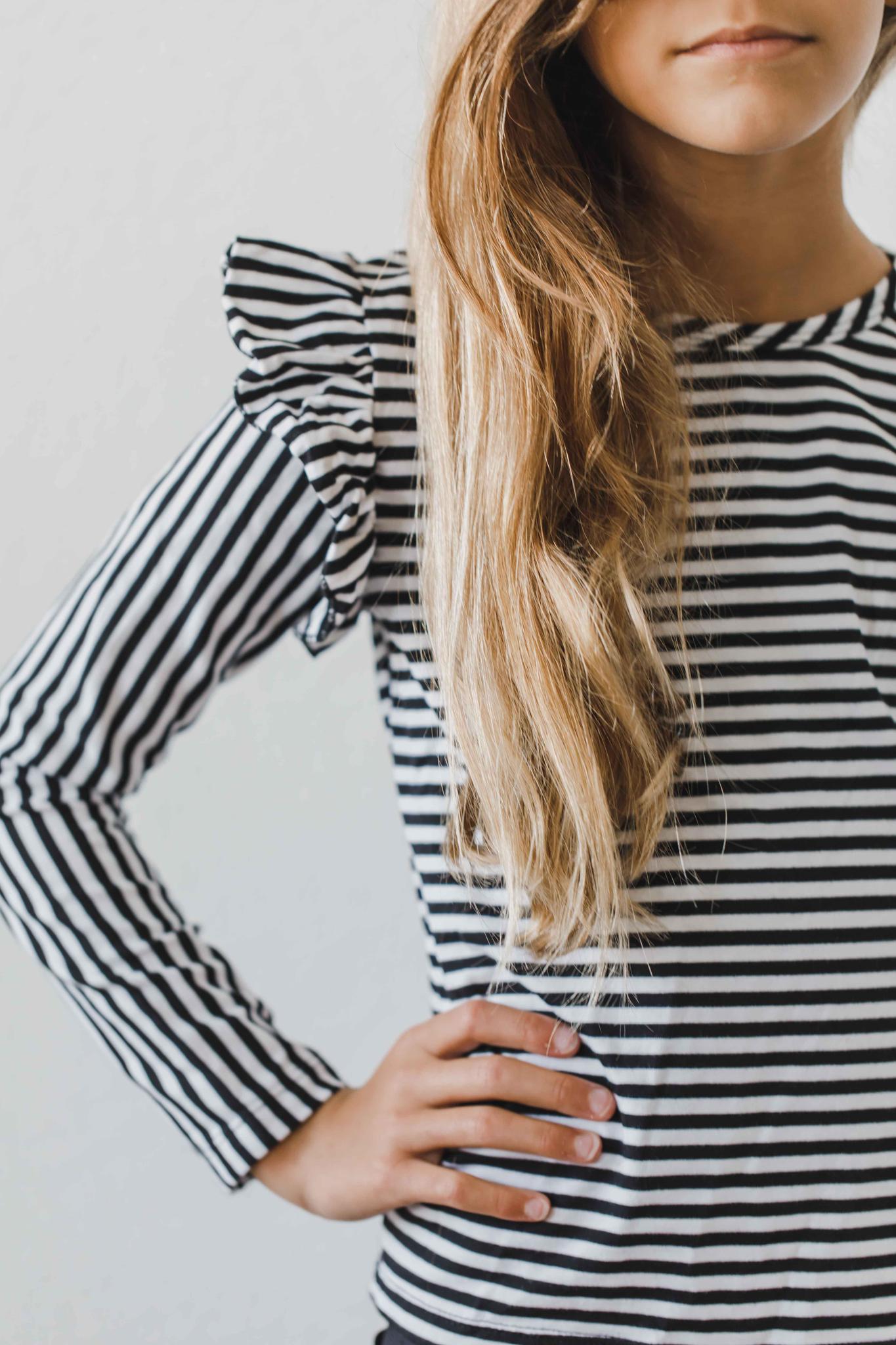 Mila & Rose:  Black & White Stripe L/S Ruffle Tee