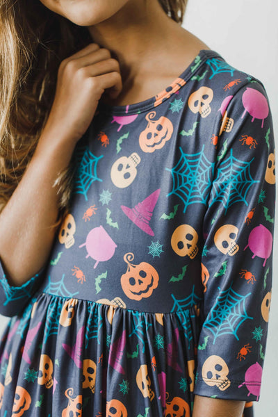 Mila & Rose:  Skeleton Web 3/4 Sleeve Pocket Twirl Dress