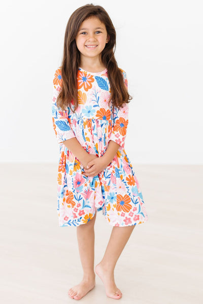 Mila & Rose:  Colorful Carnations 3/4 Sleeve Pocket Twirl Dress