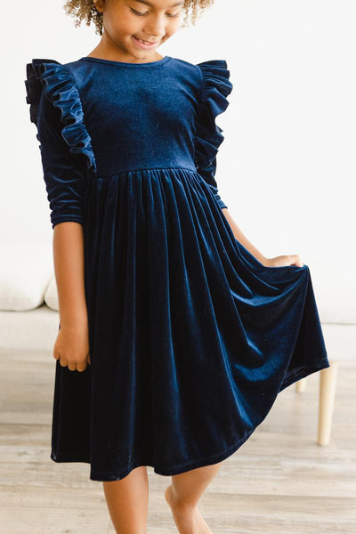 Mila & Rose:  Navy Velvet Ruffle Twirl Dress