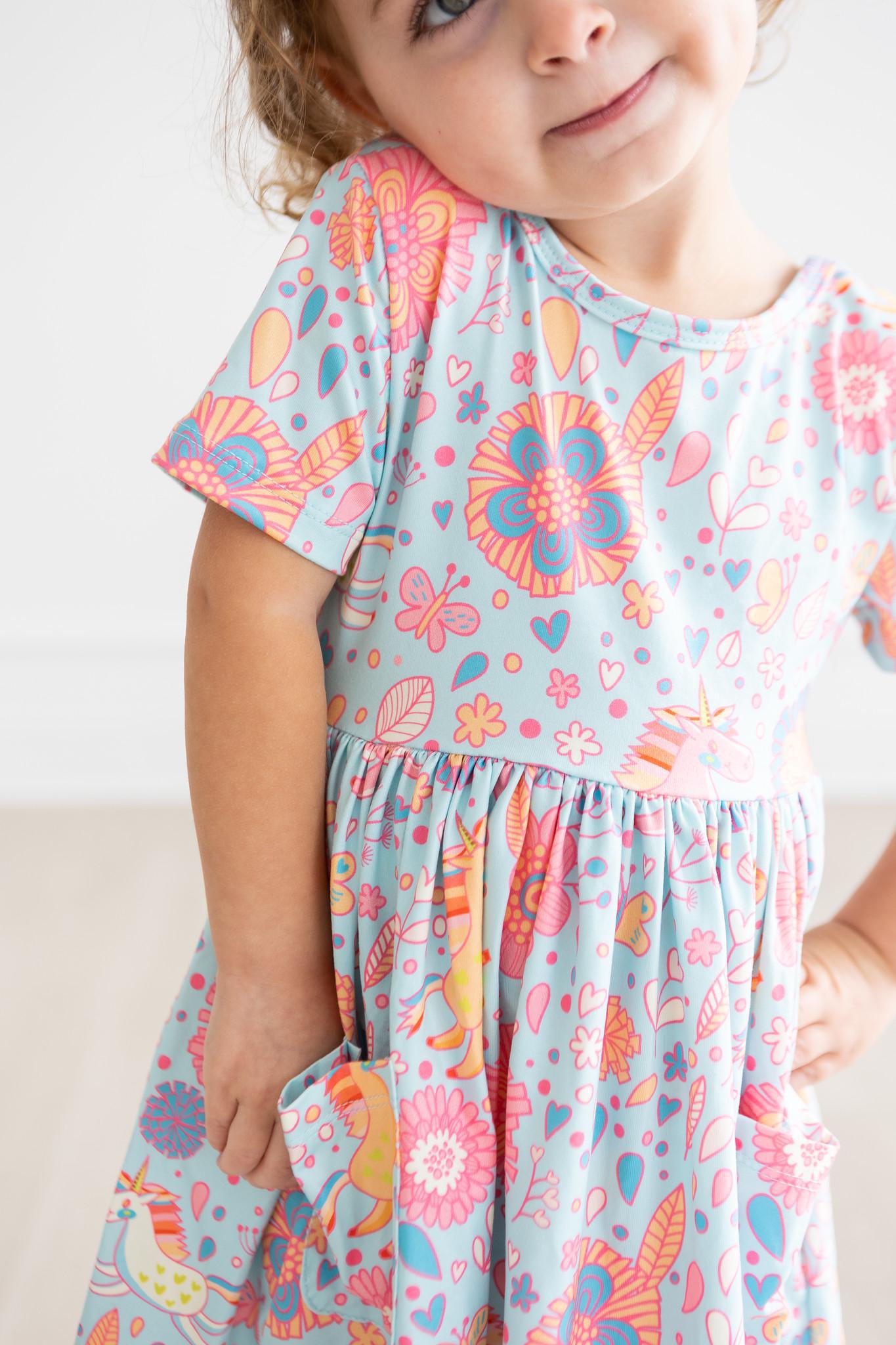 Mila & Rose:  Blue Retro Unicorns S/S Pocket Twirl Dress