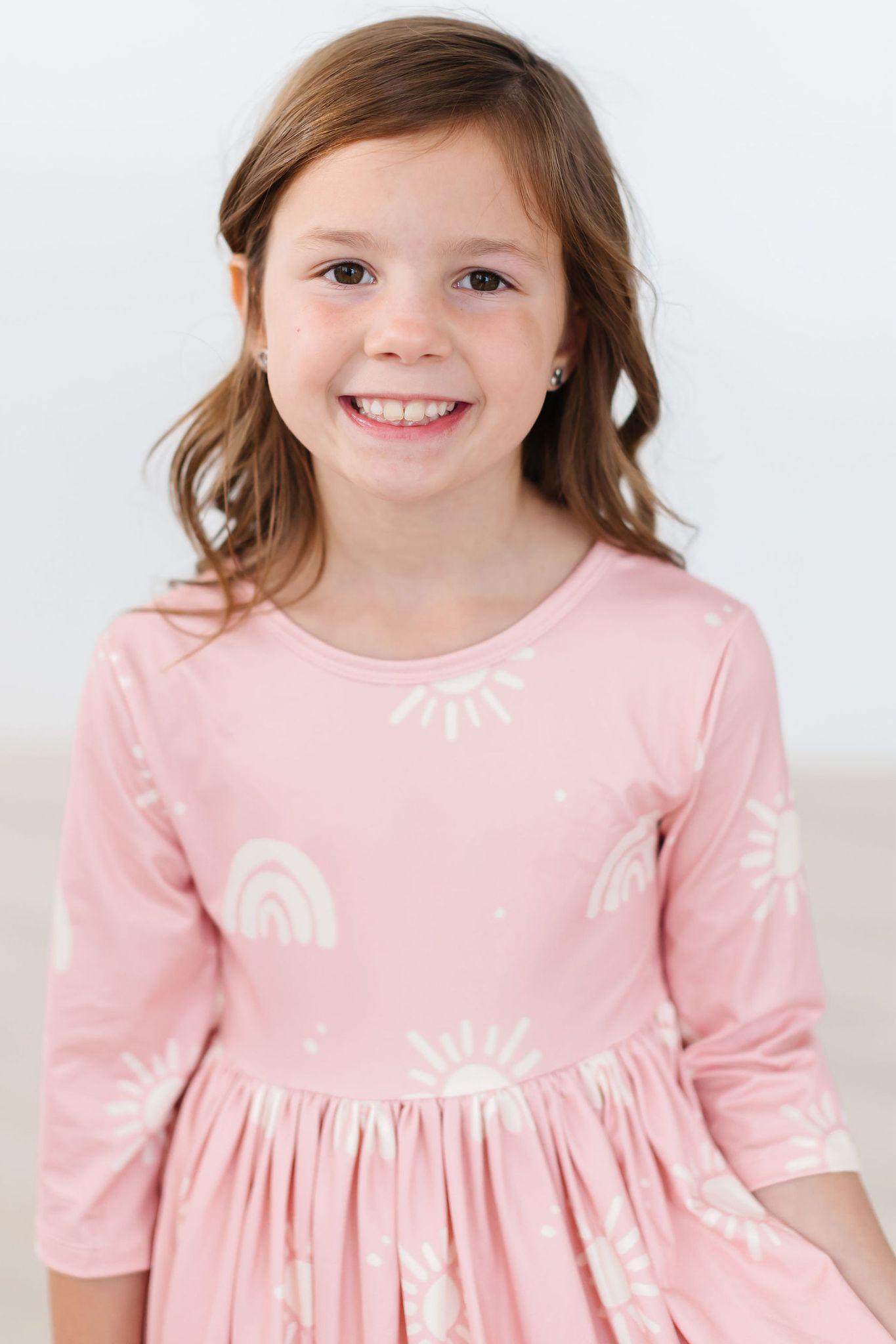 Mila & Rose:  Soft Pink Suns 3/4 Sleeve Pocket Twirl Dress