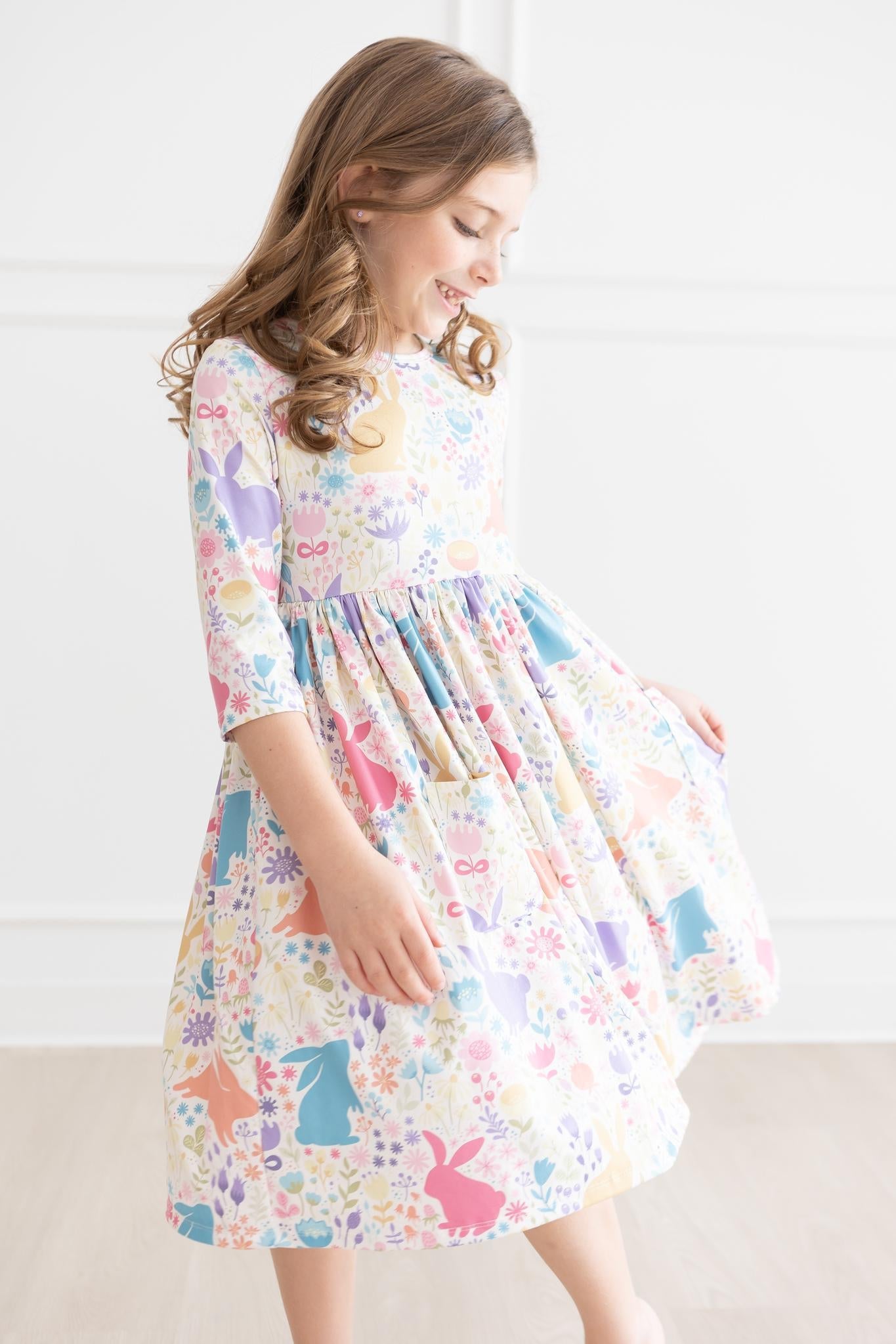 Mila & Rose:  Pastel Floral Bunnies 3/4 Sleeve Pocket Twirl Dress