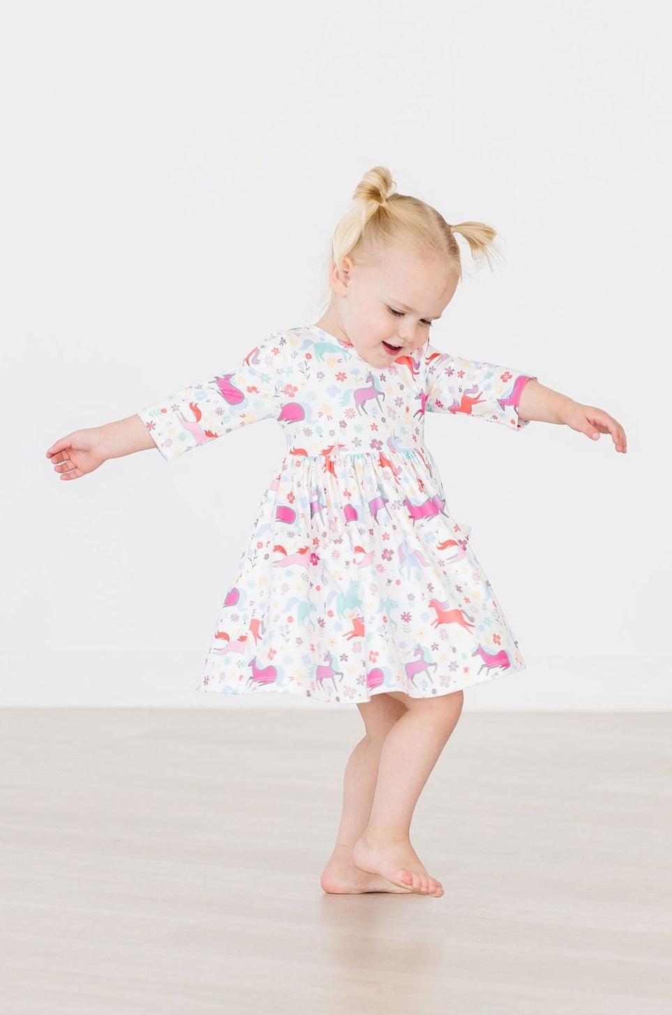 Mila & Rose:  Unicorn Wish 3/4 Sleeve Pocket Twirl Dress