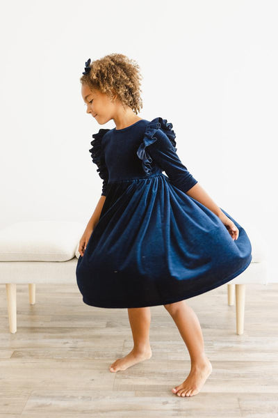 Mila & Rose:  Navy Velvet Ruffle Twirl Dress