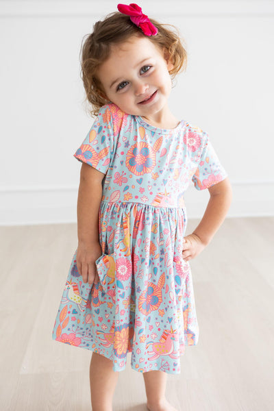 Mila & Rose:  Blue Retro Unicorns S/S Pocket Twirl Dress