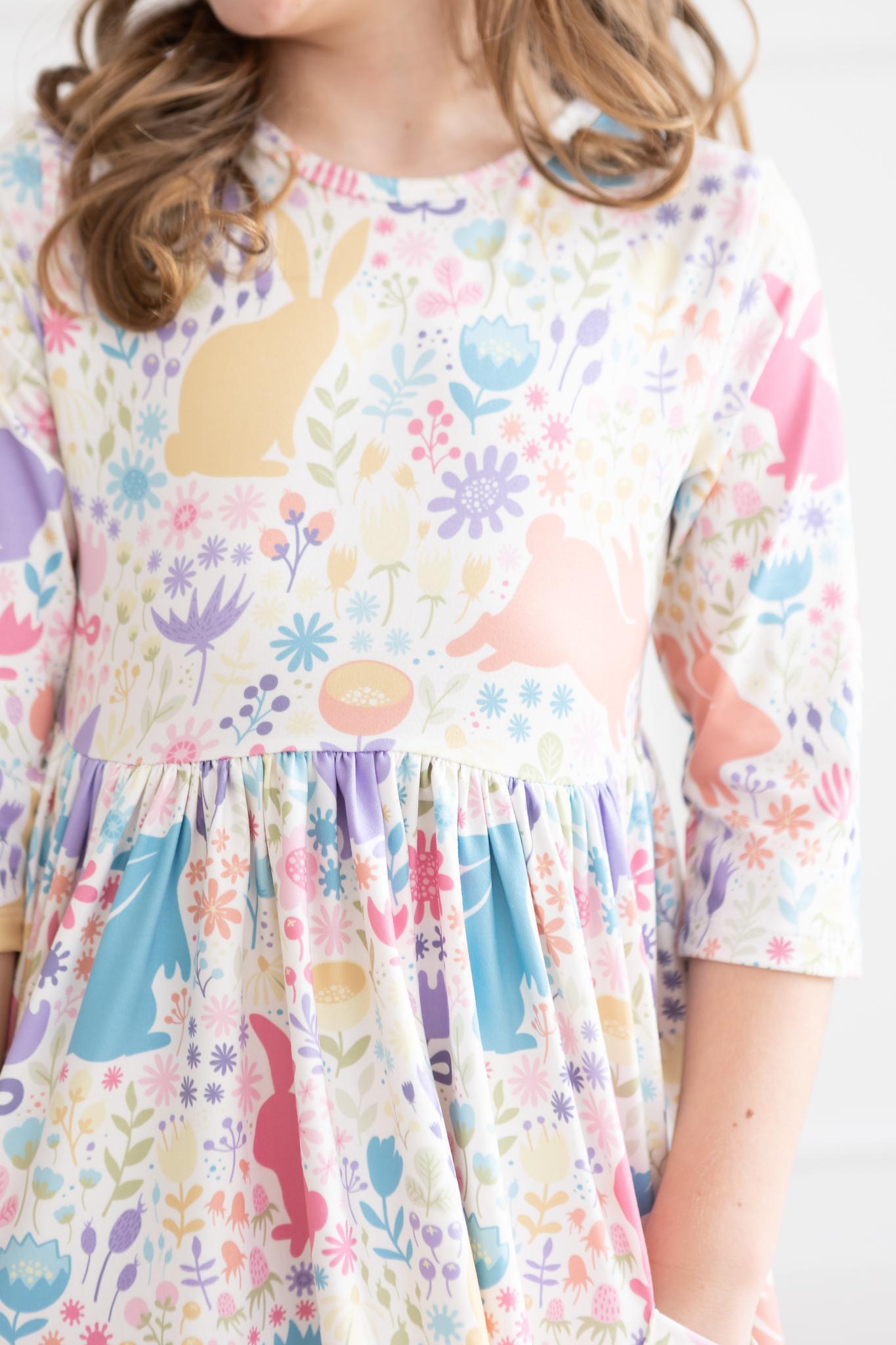 Mila & Rose:  Pastel Floral Bunnies 3/4 Sleeve Pocket Twirl Dress