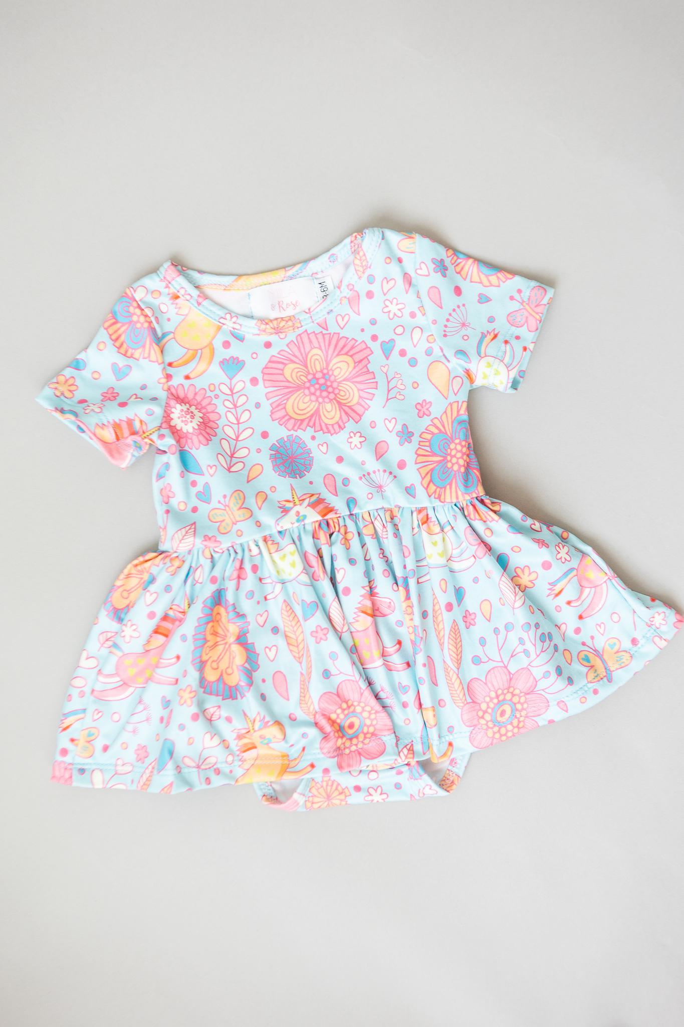 Mila & Rose:  Blue Retro Unicorns S/S Twirl Bodysuit