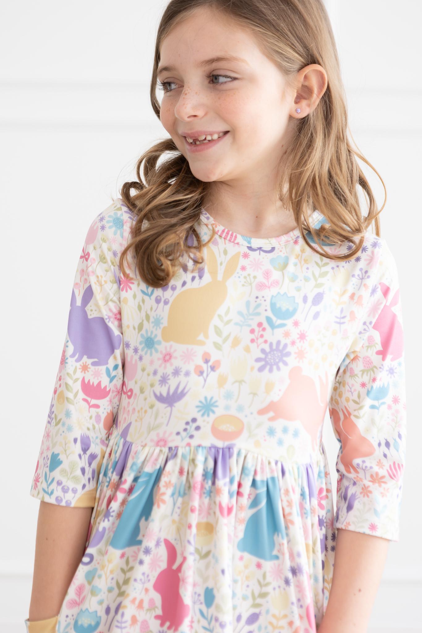 Mila & Rose:  Pastel Floral Bunnies 3/4 Sleeve Pocket Twirl Dress