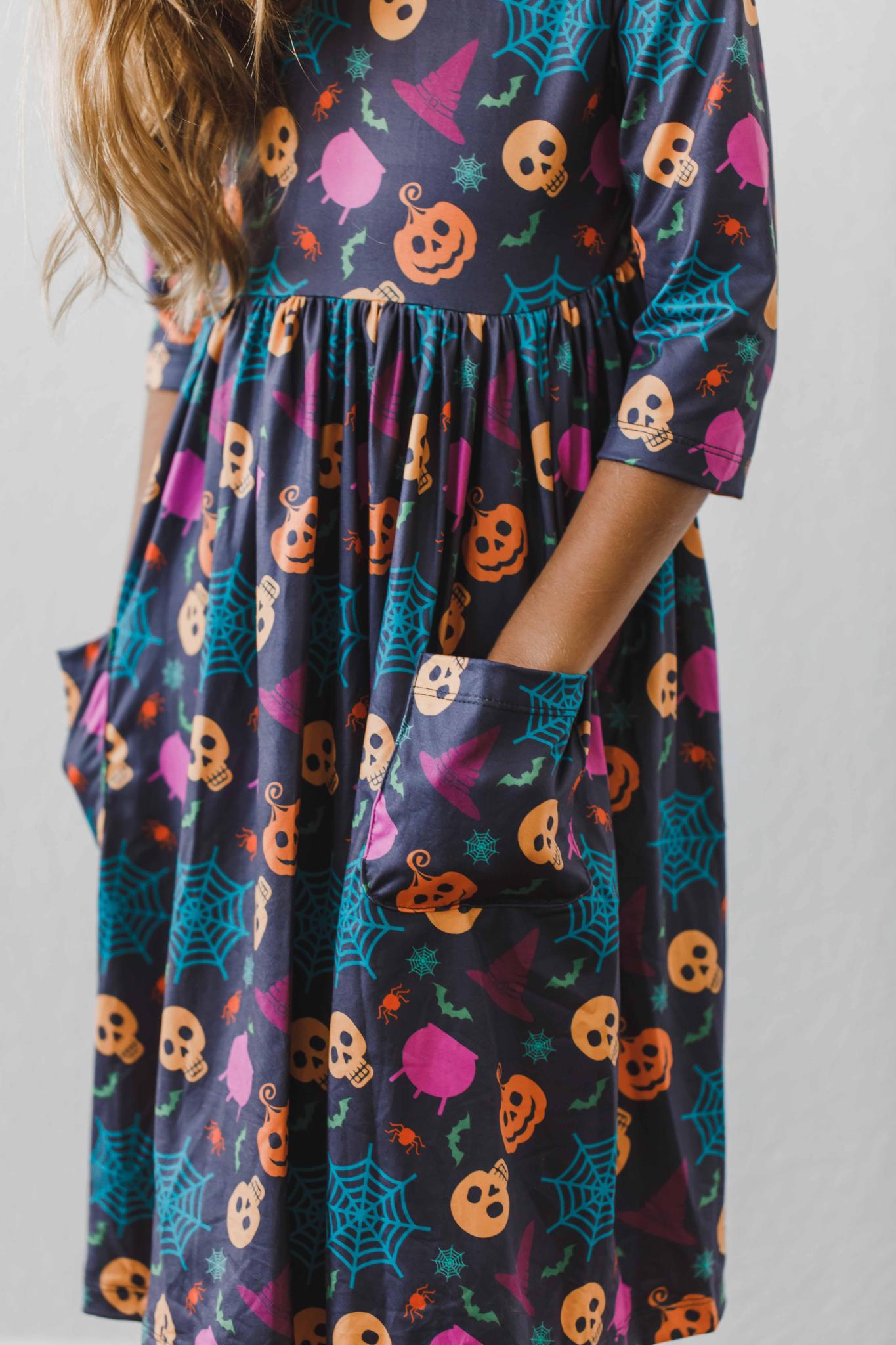 Mila & Rose:  Skeleton Web 3/4 Sleeve Pocket Twirl Dress