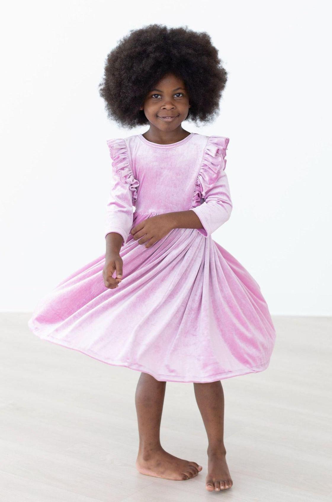 Mila & Rose:  Carnation Pink Velvet Ruffle Twirl Dress