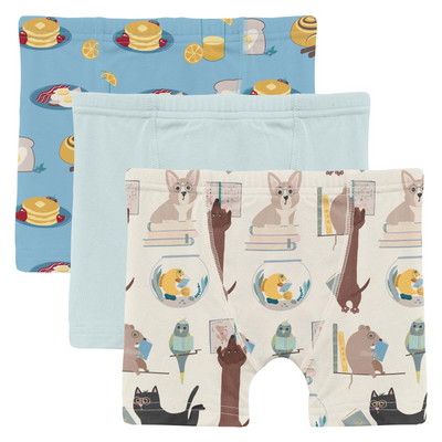 PRESALE Kickee Pants Boy's Boxer Brief Set of 3: Seaside Blue Breakfast in Bed, Fresh Air & Natural Books & Pets