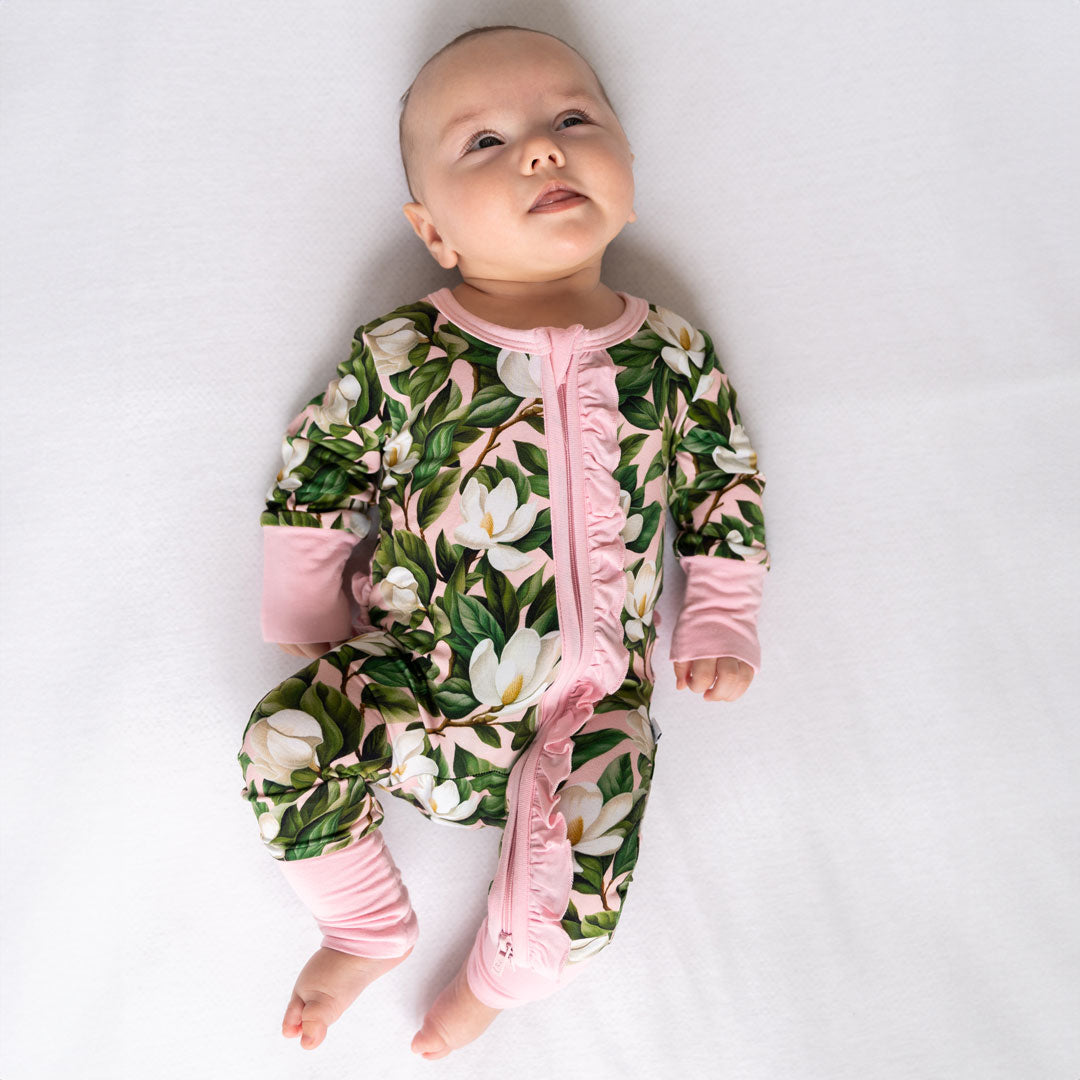 Laree + Co:  Magnolia Bamboo Ruffle Convertible Footie