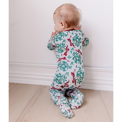 Kickee Pants Footie with 2 Way Zipper: Illusion Blue Mistletoe & Ribbons