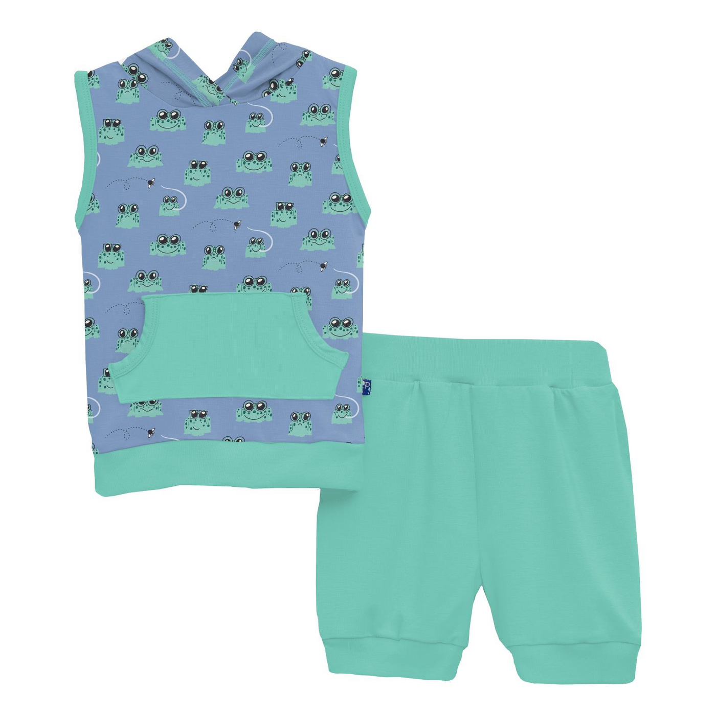 Kickee Pants Short Sleeve Hoodie Tank Outfit Set: Dream Blue Bespeckled Frogs