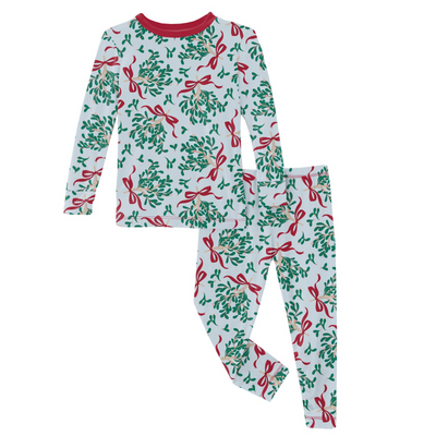 Kickee Pants Pajama Set: Illusion Blue Mistletoe & Ribbons