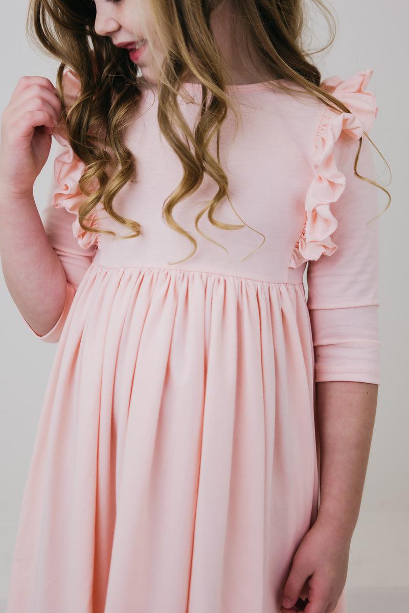 Mila & Rose:  Petal Pink 3/4 Sleeve Ruffle Twirl Dress